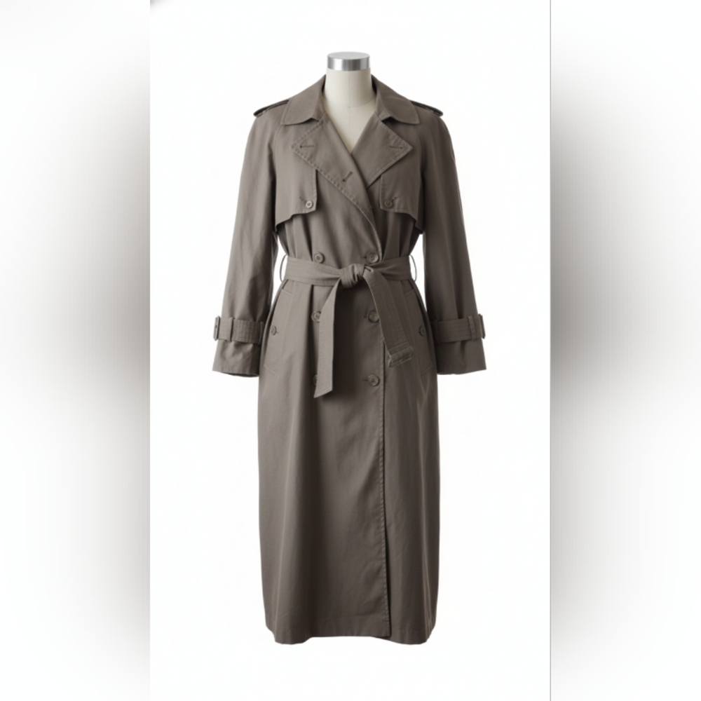 Women's Taupe Double-Breasted Long Trench Coat with Belt